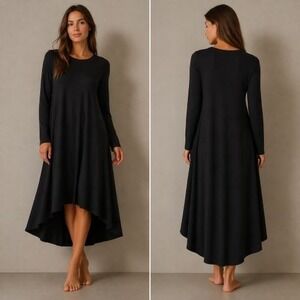 Eileen Fisher Asymmetrical Dress S Black LS Lagenlook Minimalist Quiet Luxury